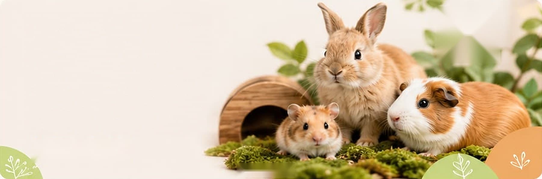 A rabbit, hamster and guinea pig on moss beside a wooden hideout